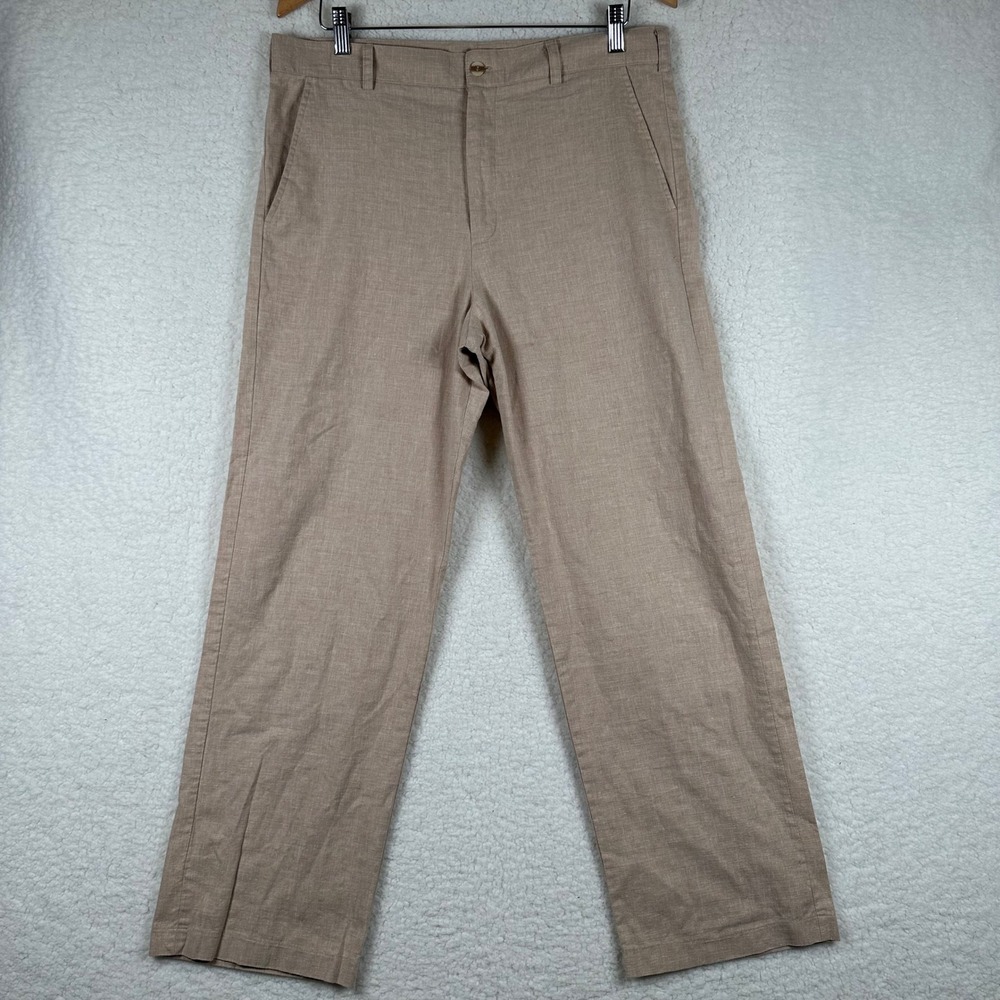NATH Mens 100% Linen Straight Leg Trousers Tan Size 36x30 Pants Coastal Summer